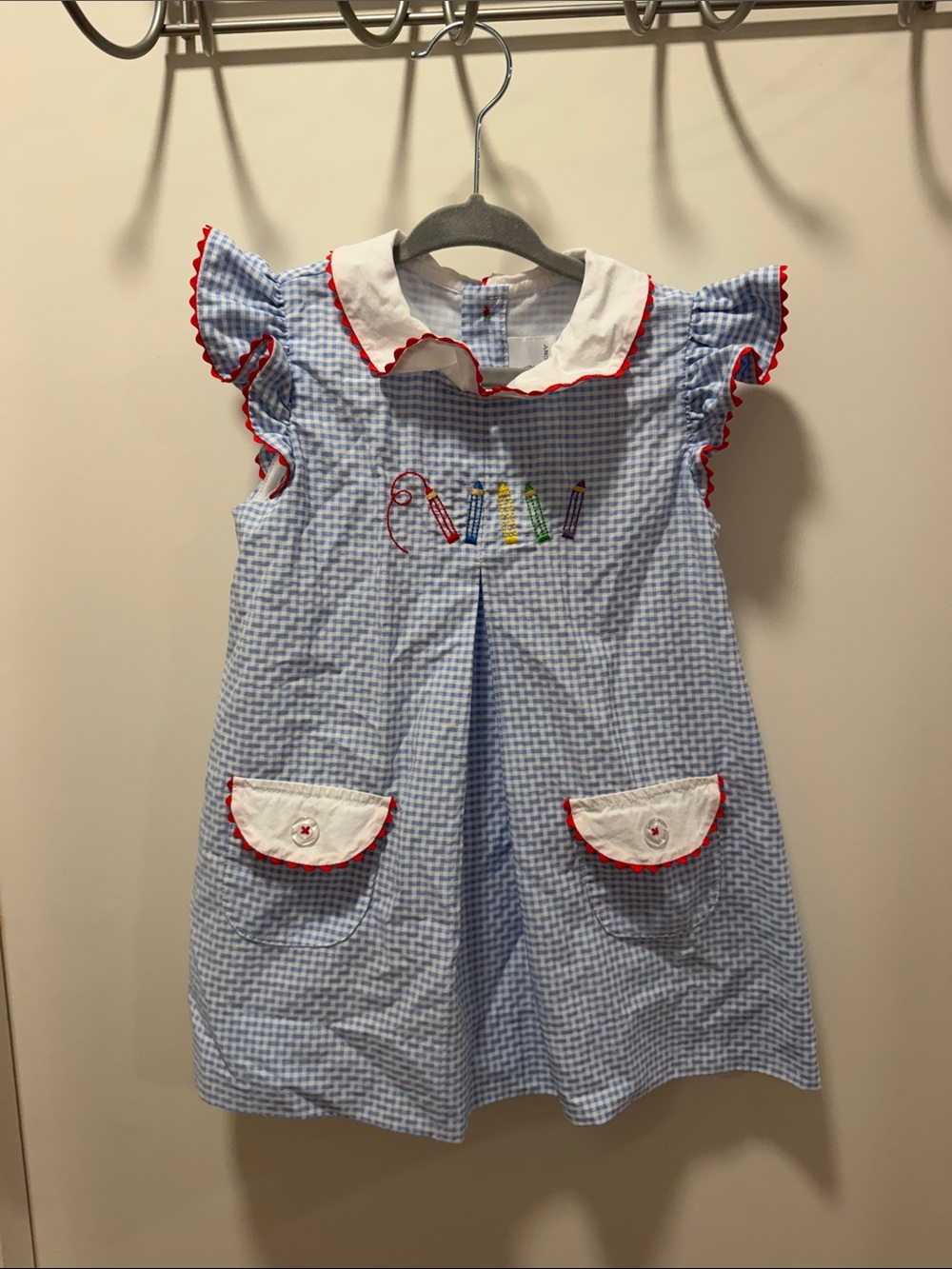 The Proper Peony Blue Gingham Girls' Dress with Crayon Embroidery 2T